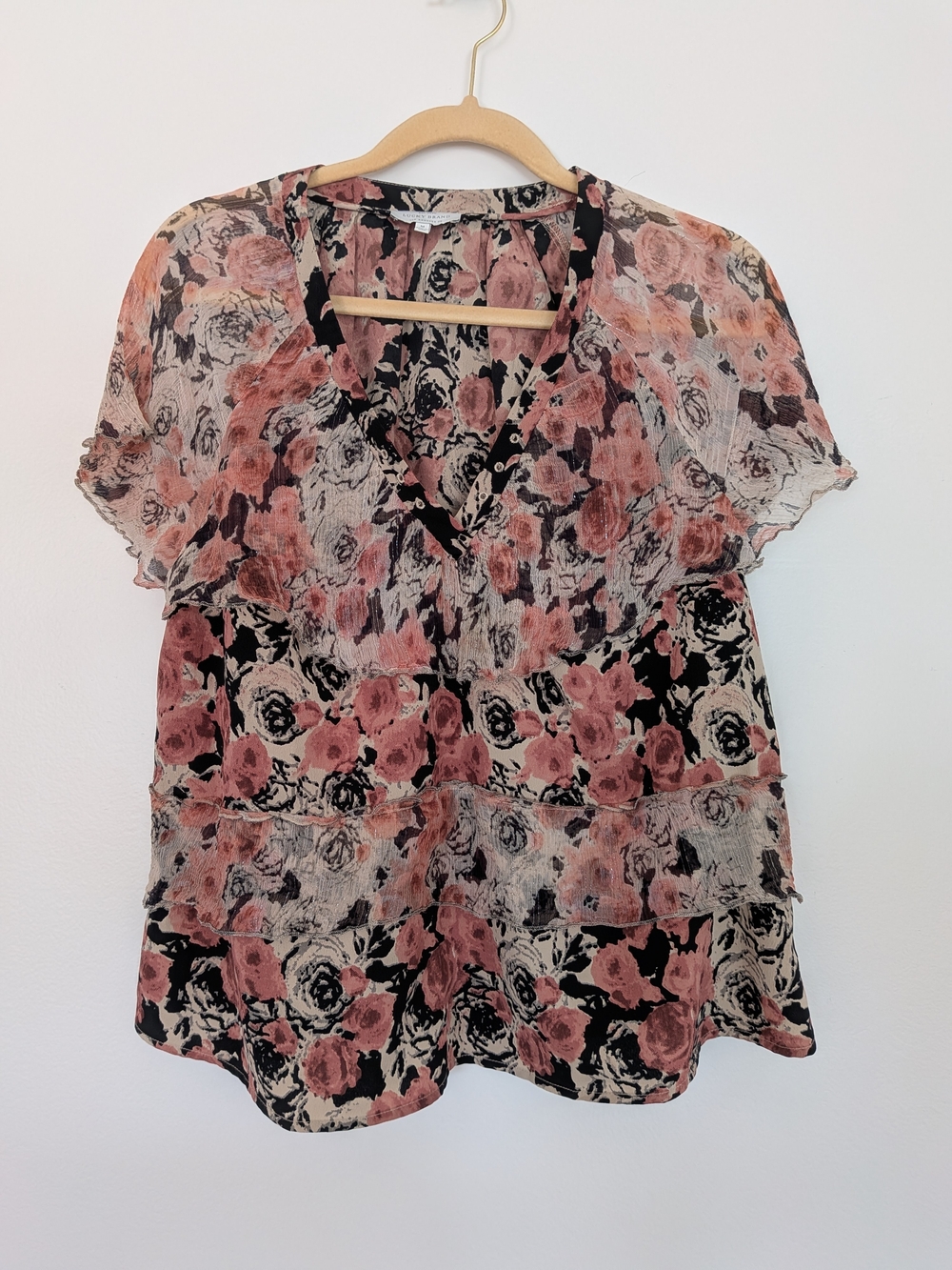 Lucky Brand Pink Black Floral Sheer Tiered Ruffle Short Sleeve Blouse Size M